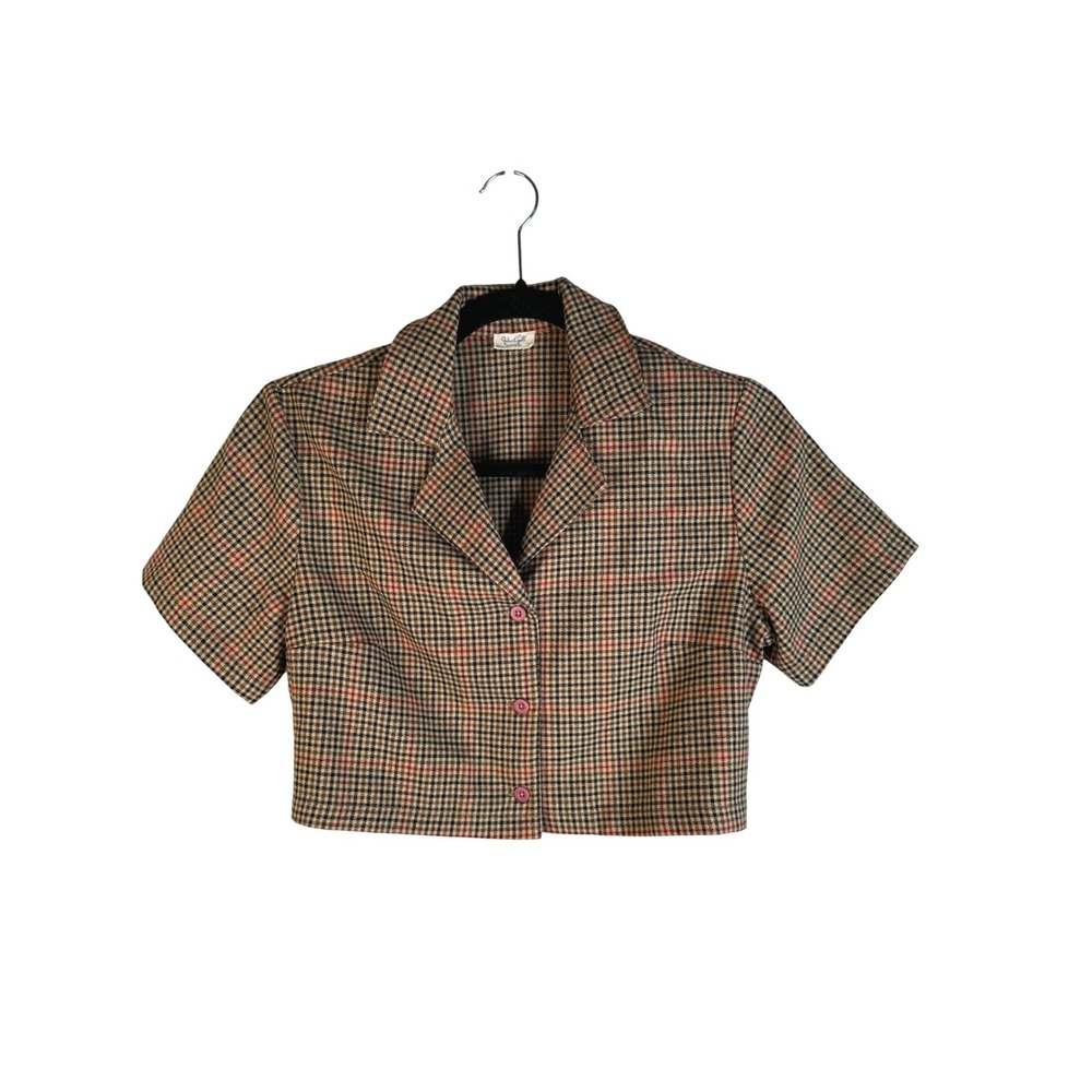 John Galt Women's Multicolor Plaid Cropped Short Sleeve Button Up Top‎